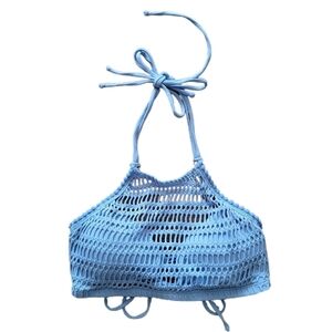 Robin Piccone Bikini Top S Small Blue Halter Mesh Cut Out